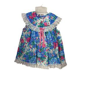 Vintage Forever Floral Blue Pink Lace Trim Size 18 Months Girl's Sleeveless Dres